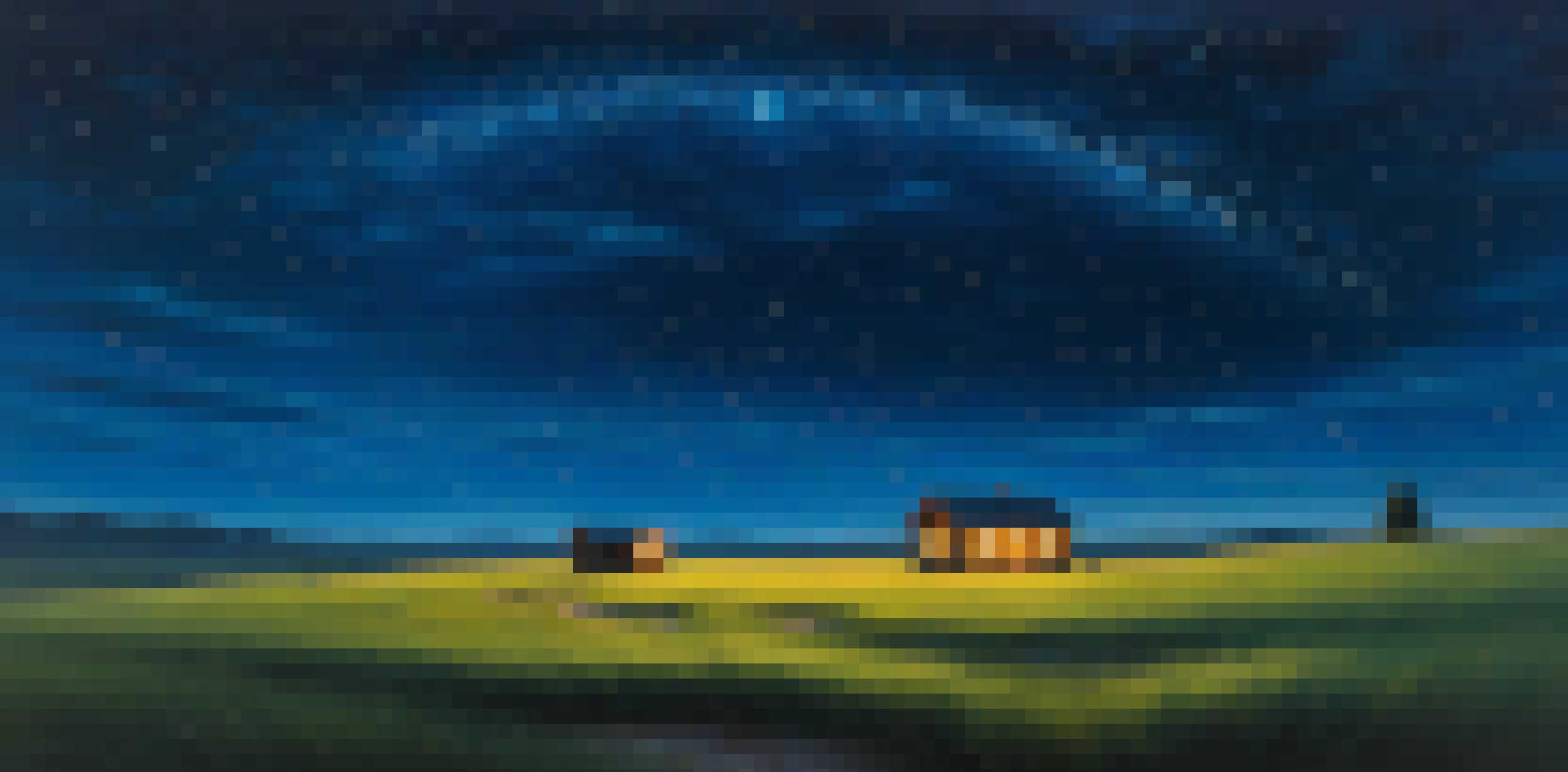 A pixelated cabin at night.