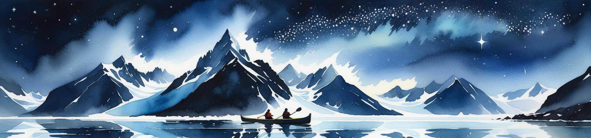 Someone rowing on a freezing lake next to a mountain